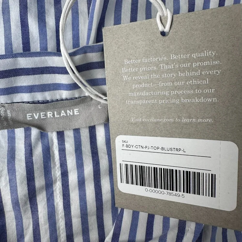 Everlane‎ Women's The Woven 100% Cotton Long Sleeve PJ Pajama Top, Blue Stripe